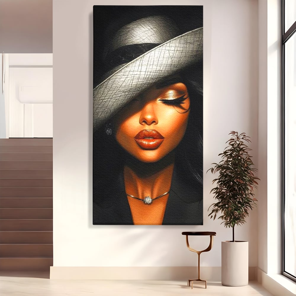 Tablou canvas cu tablou canvas cu femeie si palarie, fara rama, pe sasiu de lemn